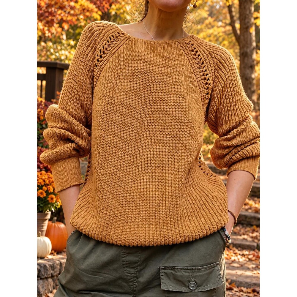 Orvis Cotton Chunky Knit Sweater - Camel Brown Boho Openwork Pullover Fall S M